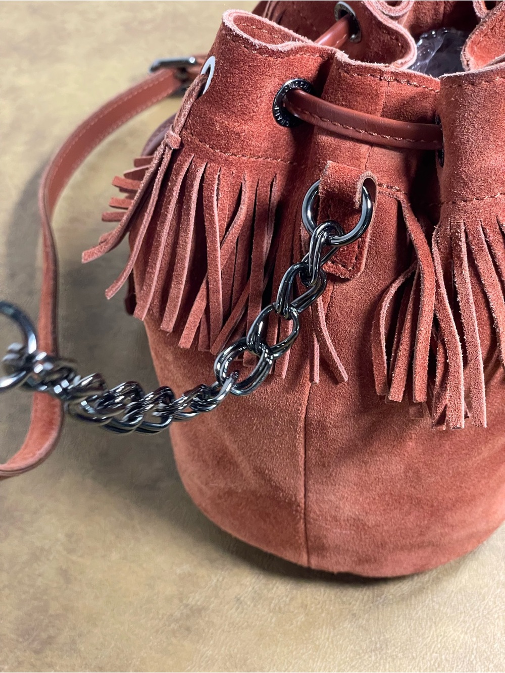 Longchamp Paris Rocks Velours Suede Fringe Bucket Crossbody Rust - Picture 5 of 13